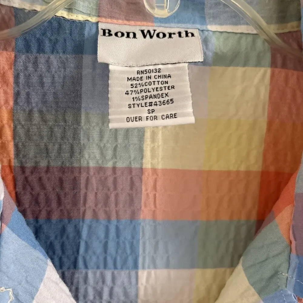 Bon worth women’s small petite short sleeve Plaid￼camp shirt Button Down - Picture 2 of 10